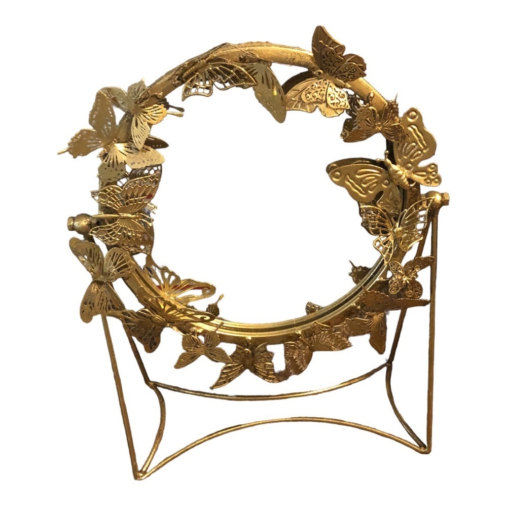 Beautiful ornate Gold‎ 3D butterfly encased round vanity table mirror new